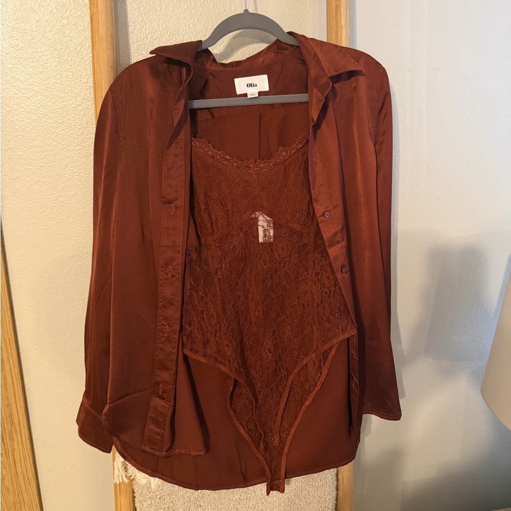 Vici Brown Lace Bodysuit with Silk Blouse